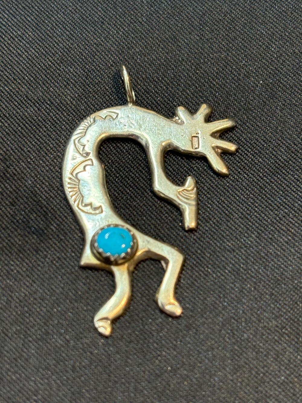 Vintage Sterling Silver Kokopelli Pendant With Turquoise Accent